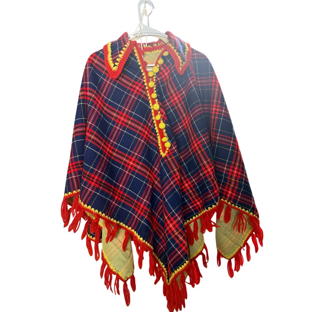 Vintage 1970's Handmade Wool Plaid Poncho Crocheted Trim Fringe Cape